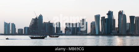 DOHA, QATAR - April 7, 208: A view of the towers of Doha, in a panoramic  ratio of 3:1 Stock Photo