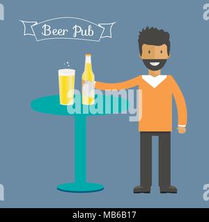 Man with beer bottle, mugs and glasses. Vector icon with alcoholic beverages. Wheat beer, lager, craft beer, ale. Stock Vector