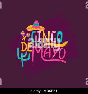 Banner or card for Cinco de Mayo celebration. Holiday poster with hand drawn calligraphy lettering, sombrero, cactus, chilli, tequila and maracas. Vec Stock Vector