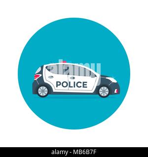 Vector police car side view isolated on blue circle with flashing light, siren. Flat vector illustration of vehicle. Stock Vector