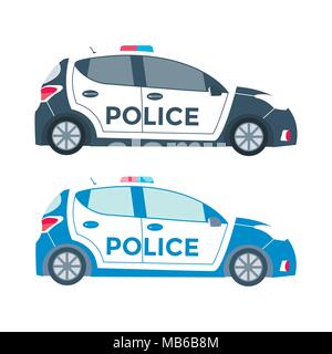 Vector police car side view isolated on white with flashing light, siren. Flat vector illustration of vehicle. Stock Vector