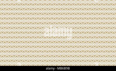 Golden geometric pattern, part 28. Seamless golden pattern with round lines in horizontal zigzag shape and rhombuses on the white background. Can use  Stock Vector