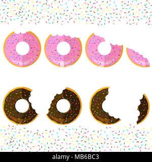 Sweet Glaze Pink and Brown Donuts on Sparkles Background. Fast Food Icon Flat Design. Top View. Stock Photo