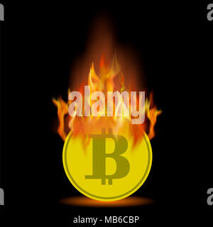 Burning Gold Bitcoin Icon on Black Background Stock Photo