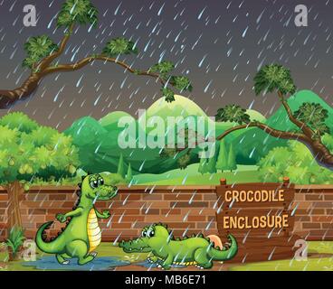 Two crocodiles in the rain illustration Stock Vector