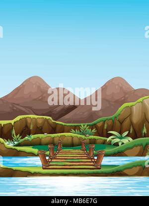 Background scene with bridge over the river illustration Stock Vector