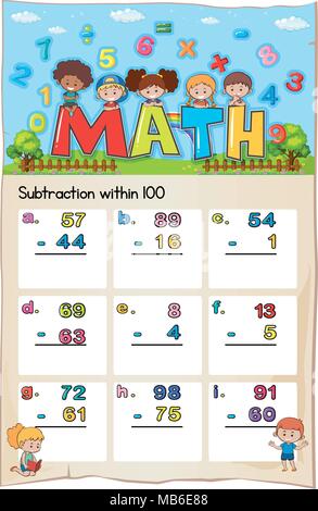 Math worksheet for subtraction within hundred illustration Stock Vector