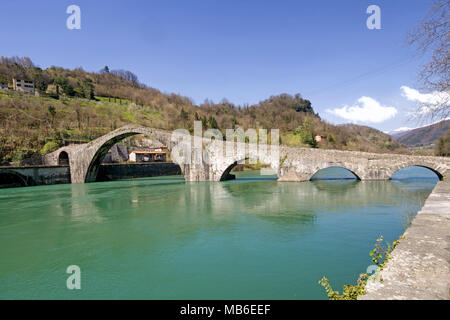 Sunny day, spring 2018.Devil's aka Maddalena's Bridge detail, Bagni di Lucca, Garfagnana, Italy. Stock Photo