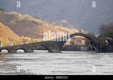 Warm evening light. Spring 2018.Devil's aka Maddalena's Bridge detail, Bagni di Lucca, Garfagnana, Italy. Stock Photo