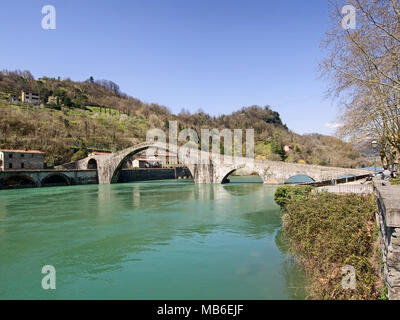 Devil's aka Maddalena's Bridge detail, Bagni di Lucca, Garfagnana, Italy. With tourists. Spring 2018. Stock Photo