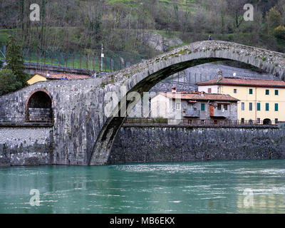 Devil's aka Maddalena's Bridge detail, Bagni di Lucca, Garfagnana, Italy. Single arch detail. Spring 2018. Stock Photo