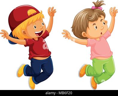 Children jump, a boy and a girl joyfully wave their hands bouncing up.  Vector flat illustration in cartoon style isolated on white background, Stock vector