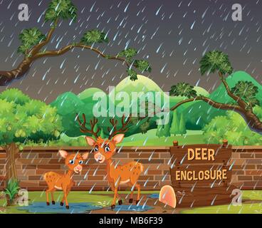 Two deers in the zoo on rainny day illustration Stock Vector