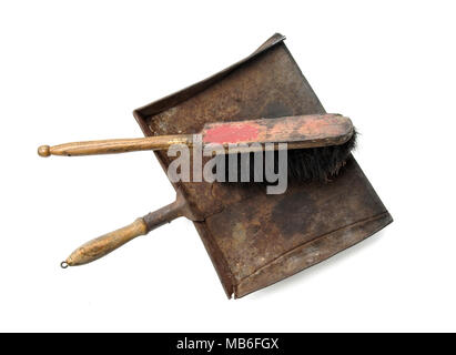 Vintage cleaning rusty dustpen and brush, isolated on white background Stock Photo