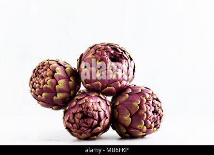 Fresh bunch of purple artichokes on white background . spring healthy food with copy space Stock Photo