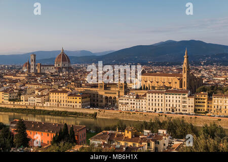 View of the Arno River, the Basilica of Santa - Croce and Santa - Maria - Del - Fiore in Florence. Italy.