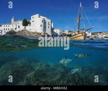 Coastal village of Cadaques with a boat and fish with seagrass underwater, split view above and below surface, Mediterranean sea, Costa Brava, Spain Stock Photo