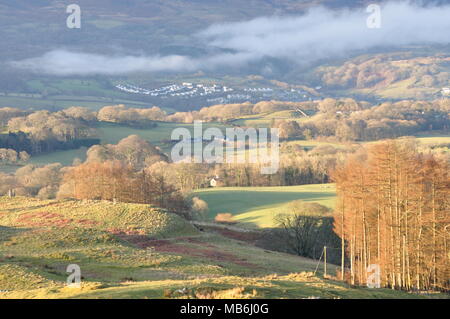 Looking south-west over Dolgellau, Gwynedd, Wales towards Caider Idris, from OS grid 747206, south of Llanfacheth. Stock Photo