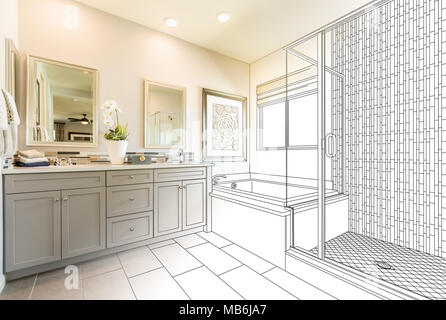Custom Master Bathroom Design Drawing Gradating to Finished Photo. Stock Photo