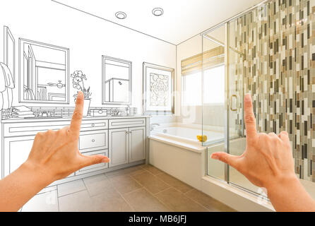 Hands Framing Custom Master Bathroom Drawing and Photo Gradation. Stock Photo