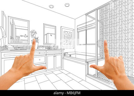 Hands Framing Custom Master Bathroom Drawing. Stock Photo