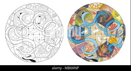 Soccer ball zentangle styled with clean lines for coloring book for anti stress, t-shirt design, tattoo and other decorations. Colored and outline set Stock Vector