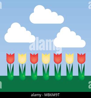 Flat design floral bed with tulips and colorful flowers with green leaves on lawn, under blue sky with clouds, with space for your text - vector Stock Vector