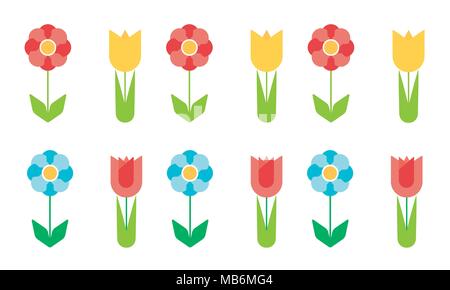 Set of flat design flowers of different colors, vector isolated on white background Stock Vector