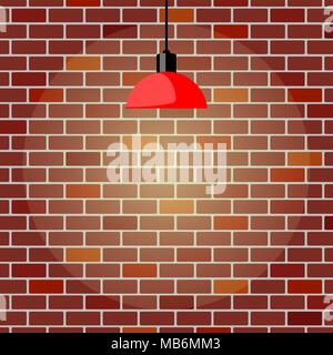 Colorful brick wall, illuminated by hanging lamp. Brick wall background. Red ceiling lamp. Vector illustration in flat style Stock Vector
