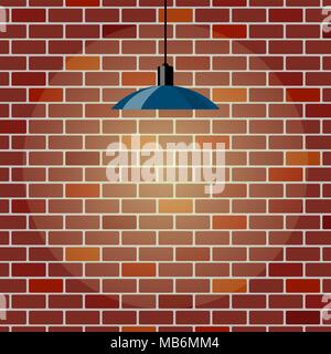Colorful brick wall, illuminated by hanging lamp. Brick wall background. Blue ceiling lamp. Vector illustration in flat style Stock Vector