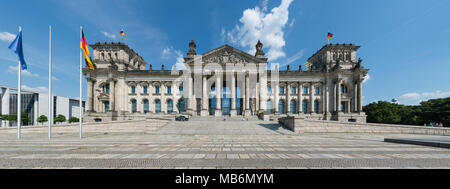 Central symmetrical front view of the Reichstagsgebäude in Berlin, home of the German parliament, the Bundestag. Stock Photo