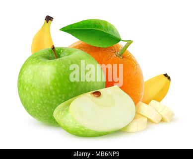 Isolated fruits. Green apple, orange and banana isolated on white background with clipping path Stock Photo