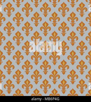 Royal Heraldic Lilies (Fleur-de-lis) — strict silver bronze velvet, seamless pattern, wallpaper background. Stock Vector