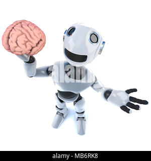 3d render of a funny cartoon mechanical robot character holding a human brain Stock Photo