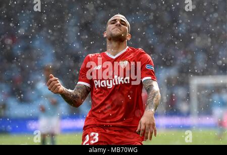 Viigo (Spain). Spanish first league football match Celta de Vigo vs Sevilla. Sevilla's Sandro gestures during the Celta vs Sevilla football match at the Balaidos stadium in Vigo, on April 07, 2018. Â©  Rodriguez Alen  Cordon Press Stock Photo