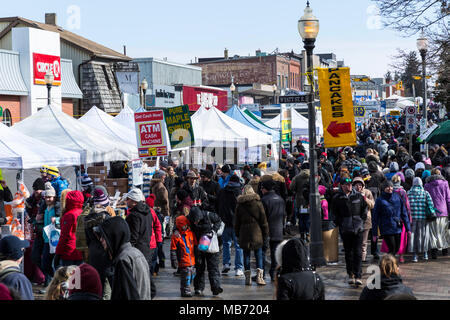 Elmira, Ontario Canada. 07 April 2018. Elmira Maple Syrup Festival 2018, World's largest single day syrup festival. Large crowds enjoying at the maple syrup festival. Performance Image/Alamy Live News Stock Photo