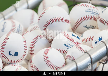 Milwaukee, WI, USA. 6th Apr, 2018. Major League baseballs during the Major League Baseball game between the Milwaukee Brewers and the Chicago Cubs at Miller Park in Milwaukee, WI. John Fisher/CSM/Alamy Live News Stock Photo