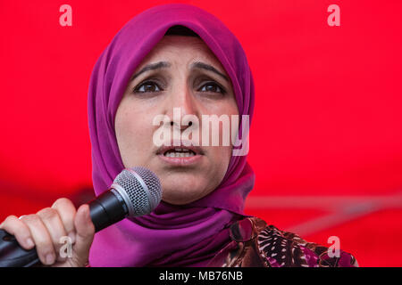 London, UK. 7th April, 2018. Salma Yaqoob, patron of Stop The War Coalition, addresses hundreds of people at a rally outside Downing Street in solidarity with Palestinians attending the Great March of Return in Gaza and in protest against the killing there by Israeli snipers using live ammunition of at least 27 unarmed Palestinians and the injury of hundreds more. Credit: Mark Kerrison/Alamy Live News Stock Photo