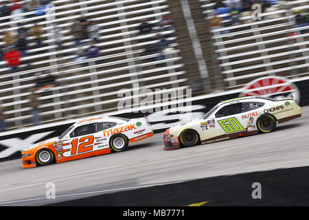 Ft. Worth, Texas, USA. 7th Apr, 2018. April 07, 2018 - Ft. Worth, Texas, USA: Austin Cindric (12) and Chase Briscoe (60) battle for position during the My Bariatric Solutions 300 at Texas Motor Speedway in Ft. Worth, Texas. Credit: Chris Owens Asp Inc/ASP/ZUMA Wire/Alamy Live News Stock Photo