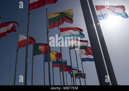 Luxembourg City, Luxembourg. 7th April, 2018. Flags of member countries of the  european union fly outside the European Investment Bank in Luxembourg City. Credit: Max Bryan/Alamy Live News Stock Photo