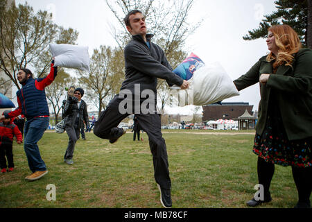 Washington, USA. 7th Apr, 2018. People participate in a pillow fight in Washington, DC, the United States, on April 7, 2018. Credit: Ting Shen/Xinhua/Alamy Live News Stock Photo