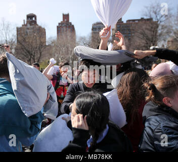 New York, USA. 7th Apr, 2018. People participate in a pillow fight in New York, the United States, on April 7, 2018. Hundreds of people took part in the annual event to reduce stress and enjoy themselves here on Saturday. Credit: Wang Ying/Xinhua/Alamy Live News Stock Photo