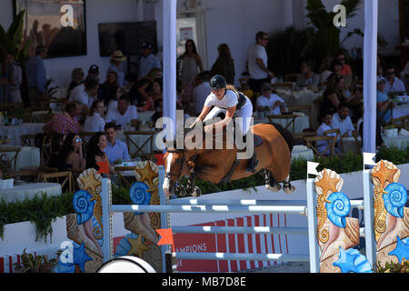 MIAMI BEACH, FL - APRIL 06: World Class Riders from around the globe attend the Longines Global Champions Tour stop in Miami Beach on April 6, 2018 in Miami Beach, Florida.  People:  Kristen Vanderveen Stock Photo