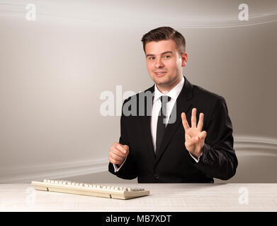 Televison presenter host in live show with blank background Stock Photo