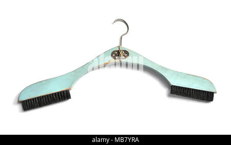 Vintage folding wooden hanger with built in two brushes  in light blue color - isolated on white background Stock Photo