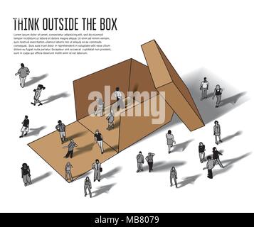 Isometric group business people think outside box grayscale Stock Vector