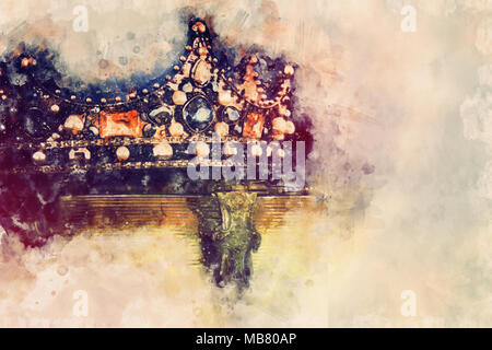 watercolor style and abstract image of beautiful queen/king crown. fantasy medieval period Stock Photo