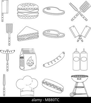 Line art black white bbq outdoors 16 element set. Food themed vector illustration for gift card certificate sticker, badge, sign, stamp, logo, label,  Stock Vector