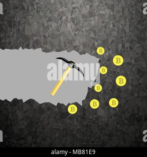 Golden Bitcoin on Grey Background. Crypto Currency Mining with Coins and Pickaxes Stock Vector