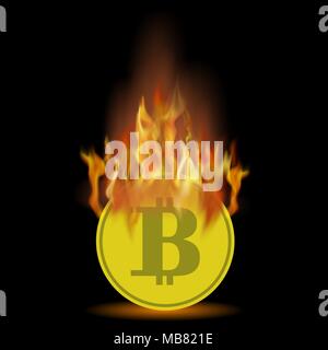 Burning Gold Bitcoin Icon on Black Background Stock Vector